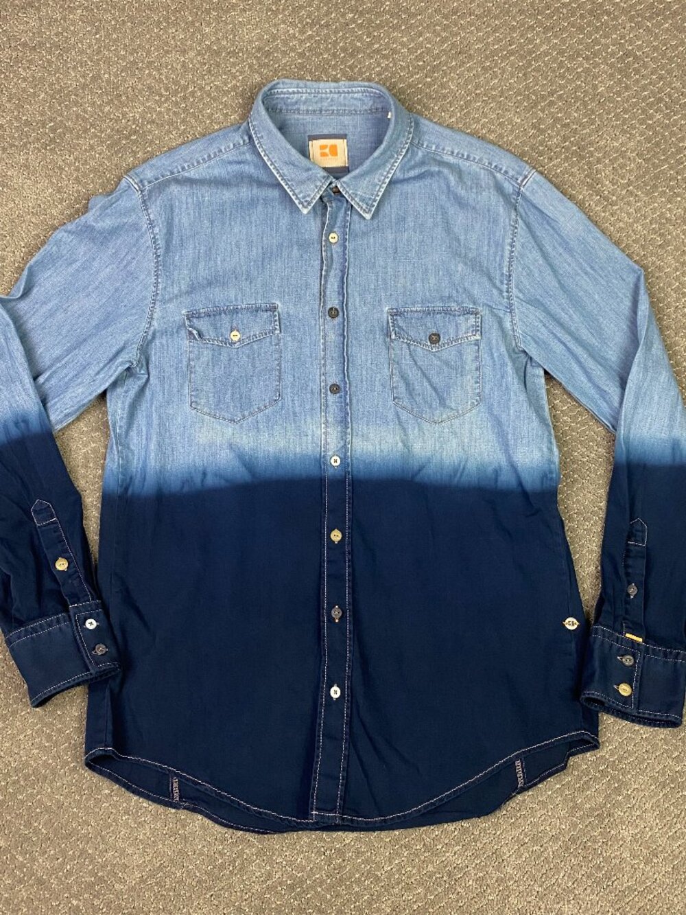 Hugo Boss Orange Denim Shirt Mens XL Fit Large Dip Dye Ombre Western EddaleE